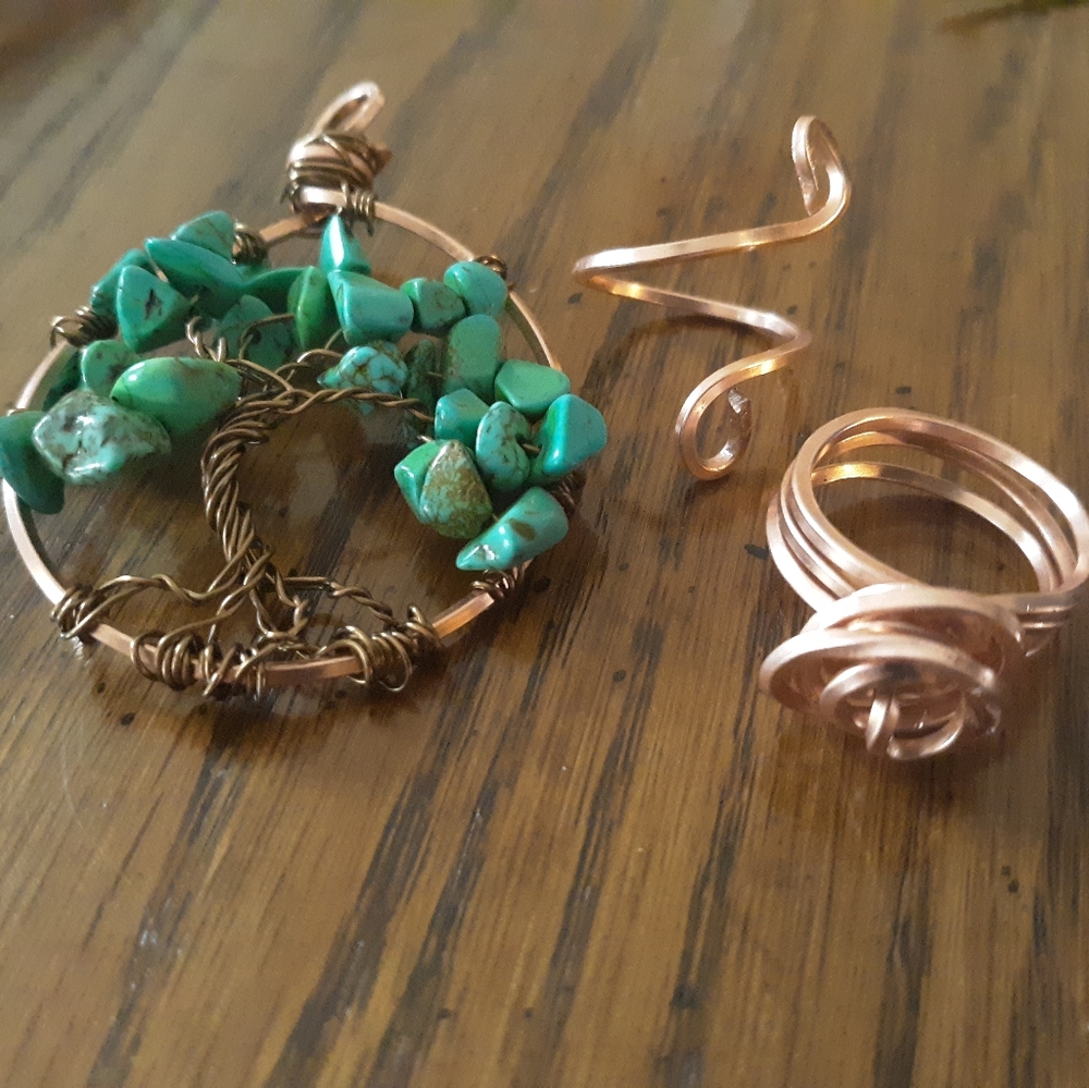 Handmade Tree of Life Pendant & Copper Wire Rings